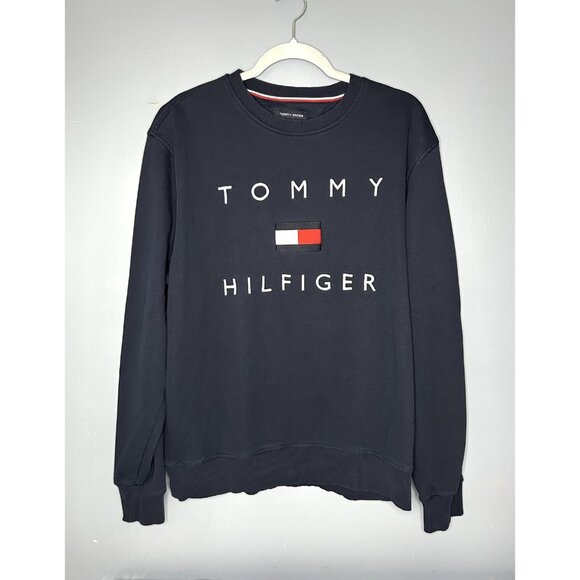 Tommy Hilfiger Sweatshirt Mens XL Navy Crewneck Big Spell Out Logo Pullover - Picture 1 of 11